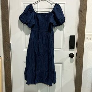 Dizzy Lizzie Women Midi Tiered Dress Large Puff Sleeves Elastic Waist Navy Blue